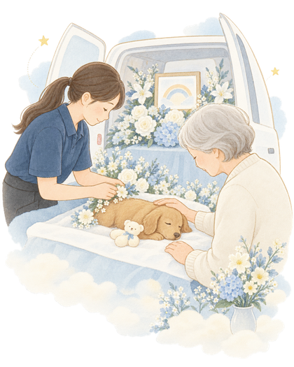 火葬車の前で、ご家族と女性スタッフがお花を添えてお見送りするイラスト